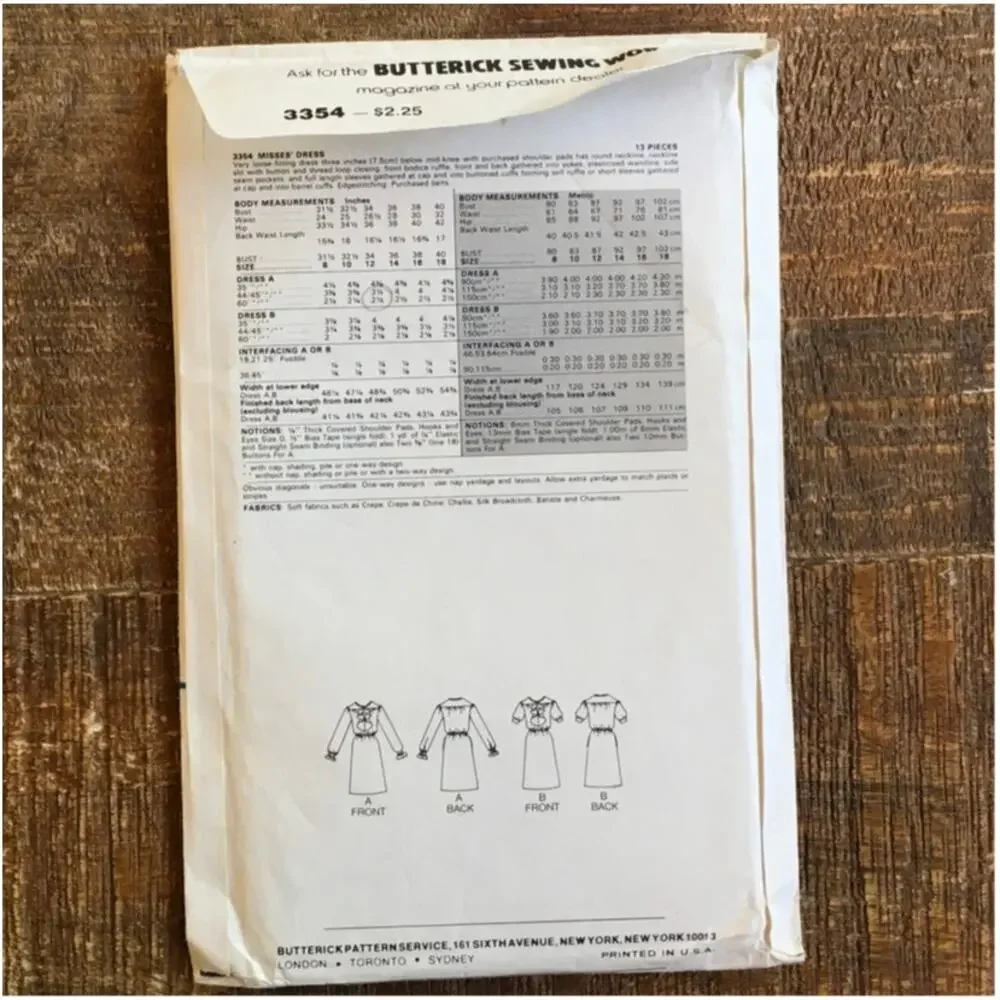 Butterick Sewing Pattern 3354 80s Ruffle Front Feminine Dress 12 UNCUT Vintage